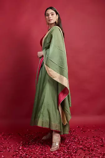 Olive Green & Pink High Low Lehanga Set