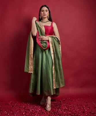 Olive Green & Pink High Low Lehanga Set 3