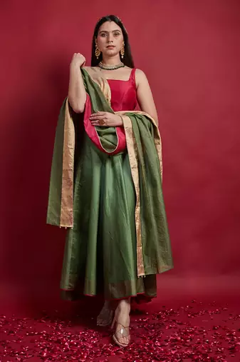 Olive Green & Pink High Low Lehanga Set