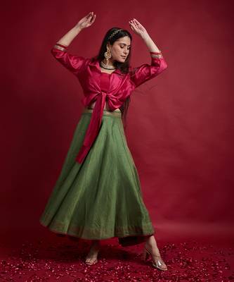 Pink & Olive Green Tie Warp Lehanga Set 1