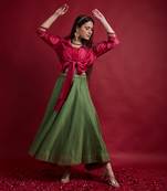 Pink & Olive Green Tie Warp Lehanga Set