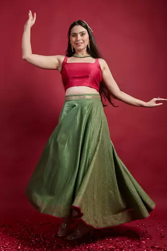 Olive Green & Pink High Low Lehanga Set
