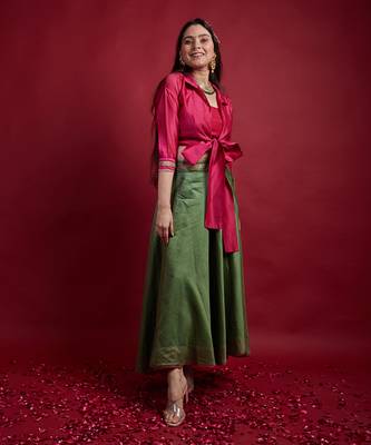 Pink & Olive Green Tie Warp Lehanga Set 2