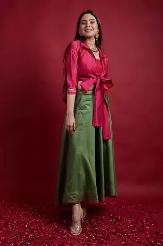 Pink & Olive Green Tie Warp Lehanga Set
