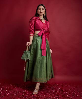Pink & Olive Green Tie Warp Lehanga Set 3