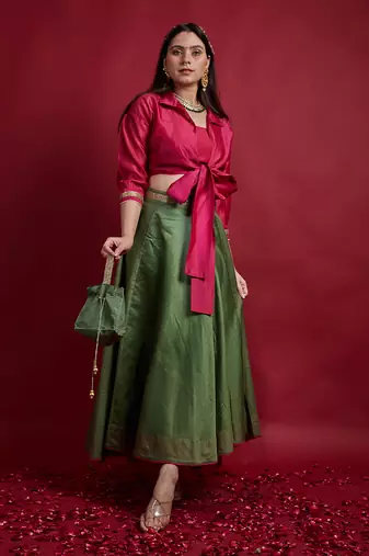 Pink & Olive Green Tie Warp Lehanga Set