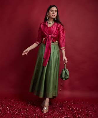 Pink & Olive Green Tie Warp Lehanga Set 4