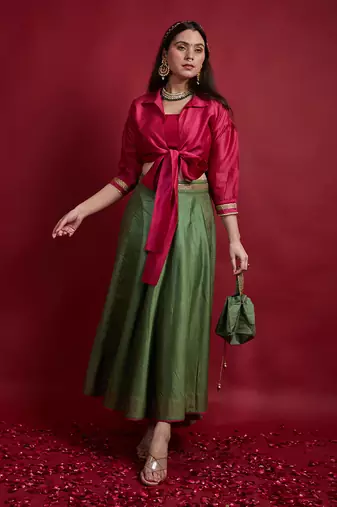 Pink & Olive Green Tie Warp Lehanga Set