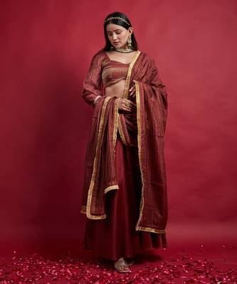Maroon & Gold Chanderi Handloom Lehanga Set 1