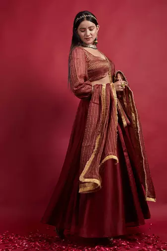 Maroon & Gold Chanderi Handloom Lehanga Set
