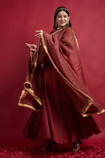 Maroon & Gold Chanderi Handloom Lehanga Set