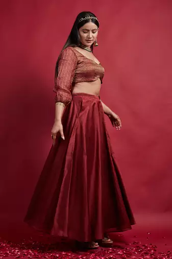 Maroon & Gold Chanderi Handloom Lehanga Set