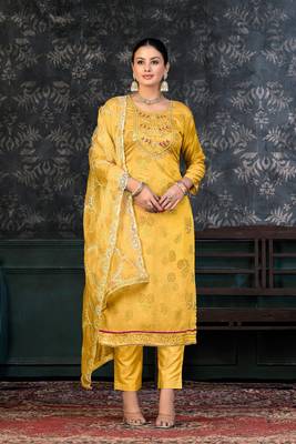 Yellow Colour Modal Printed Ethnic Hand Embroidered Festive Salwaar Kameez 1