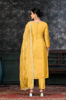 Yellow Colour Modal Printed Ethnic Hand Embroidered Festive Salwaar Kameez 2