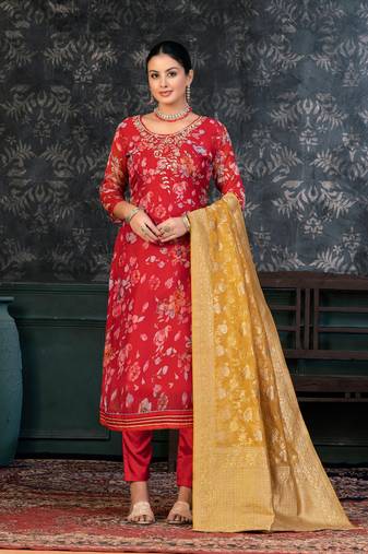 Festive Wear Red Colour Ethnic Smart Suit For Girls