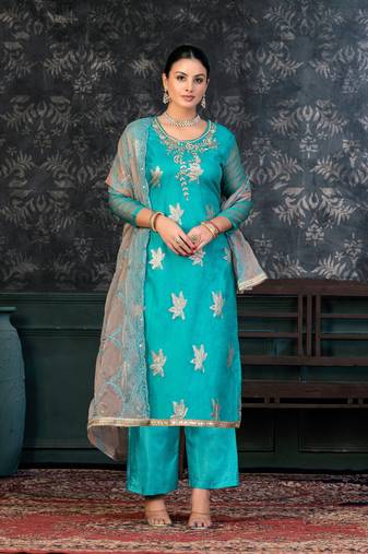 Festive Wear Sky Blue Colour Ethnic Smart Suit For Girls