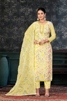 Yellow Colour Organza Fabric Fancy Printed Festive Dress 1