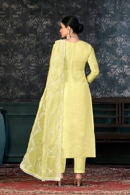 Yellow Colour Organza Fabric Fancy Printed Festive Dress 2