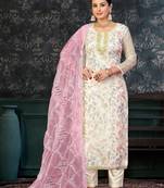 White Colour Organza Fabric Fancy Printed Festive Dress