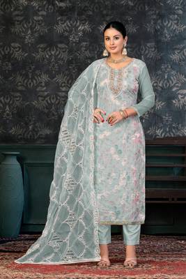 Gray Colour Organza Fabric Fancy Printed Festive Dress 1