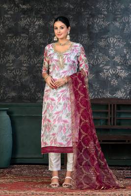 White Colour Organza Fabric Fancy Printed Festive Dress 1