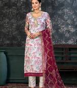 White Colour Organza Fabric Fancy Printed Festive Dress