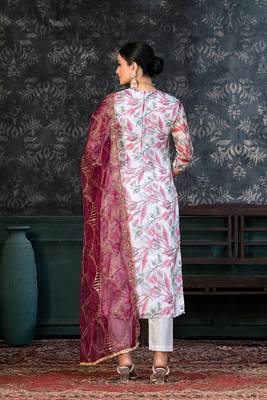 White Colour Organza Fabric Fancy Printed Festive Dress 2