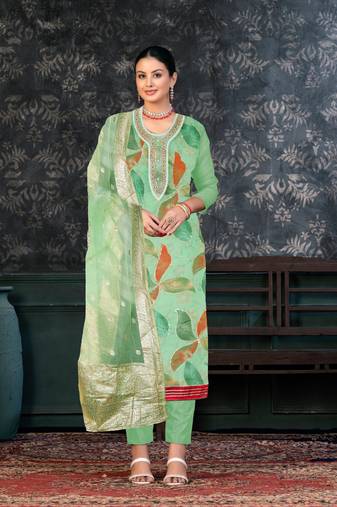 Lime Green Colour Organza Fabric Fancy Printed Festive Dress