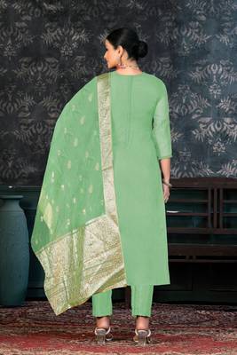 Lime Green Colour Organza Fabric Fancy Printed Festive Dress 2