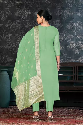 Lime Green Colour Organza Fabric Fancy Printed Festive Dress