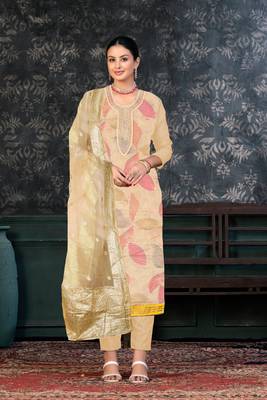 Brown Colour Organza Fabric Fancy Printed Festive Dress 1