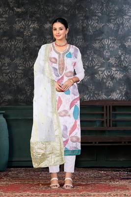 White Colour Organza Fabric Fancy Printed Festive Dress 1