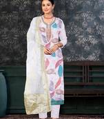 White Colour Organza Fabric Fancy Printed Festive Dress