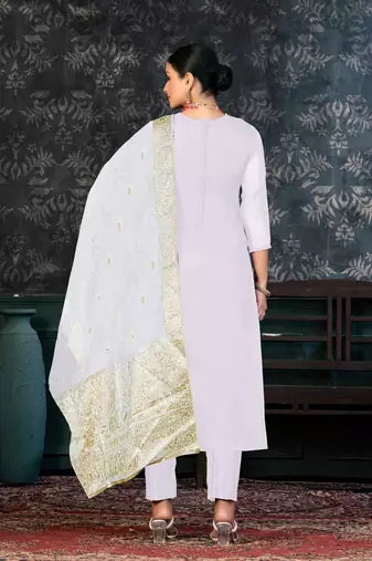 White Colour Organza Fabric Fancy Printed Festive Dress