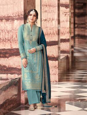 Sky Colour Heavy Embroidered Partywear Salwar Kameez 1