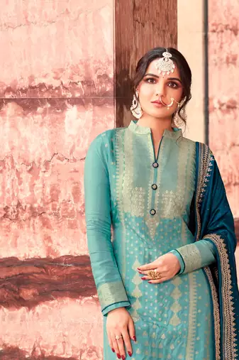 Sky Colour Heavy Embroidered Partywear Salwar Kameez