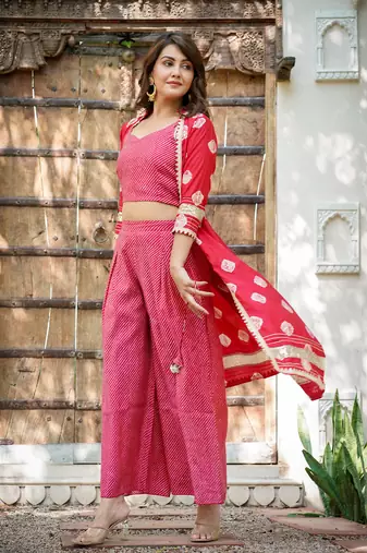  mustard ethnic motifs crop top and palazzo with shrug co ords
