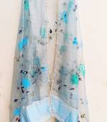 Womens Organza Hand Painted grey /light blue Dupatta With Gota & Sequins Work