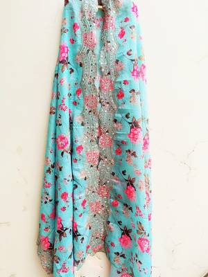 Womens Embellished Kota poly silk Sea Blue Floral Printed Dupatta With Thread Work 1
