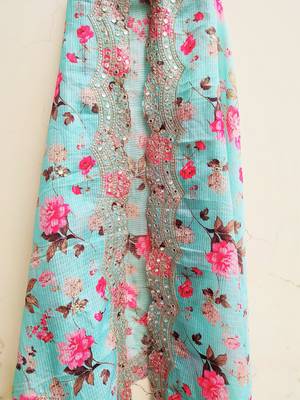 Womens Embellished Kota poly silk Sea Blue Floral Printed Dupatta With Thread Work 2