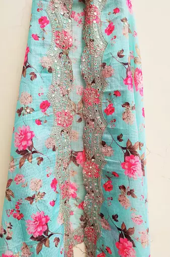 Womens Embellished Kota poly silk Sea Blue Floral Printed Dupatta With Thread Work