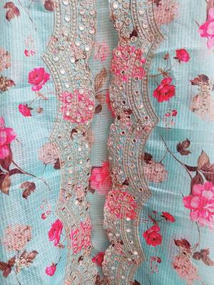 Womens Embellished Kota poly silk Sea Blue Floral Printed Dupatta With Thread Work 3