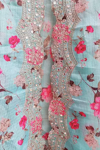 Womens Embellished Kota poly silk Sea Blue Floral Printed Dupatta With Thread Work