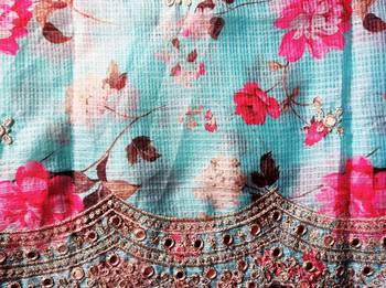 Womens Embellished Kota poly silk Sea Blue Floral Printed Dupatta With Thread Work 4