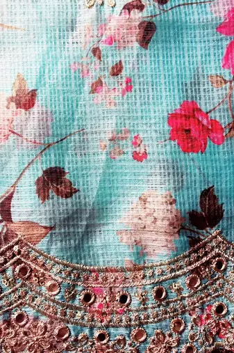 Womens Embellished Kota poly silk Sea Blue Floral Printed Dupatta With Thread Work