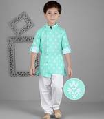 Kids farm 100% cotton linen full sleeves printed kurta & pyjama set - green
