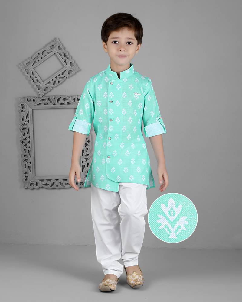 Kids farm 100% cotton linen full sleeves printed kurta & pyjama set - green
