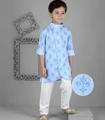 Kids farm cotton blend full sleeves printed kurta & pyjama set - sky blue