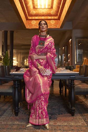 Kimisha women's rani silk woven saree with unstitched blouse piece