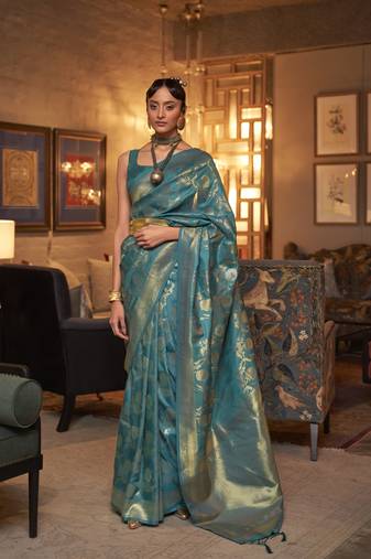 Kimisha women's rama silk woven saree with unstitched blouse piece